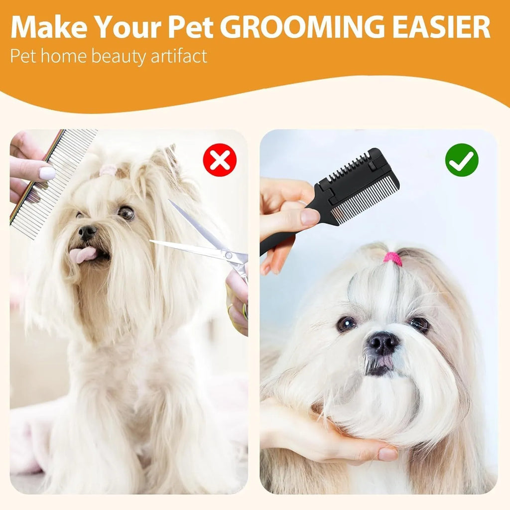 Dog grooming razor comb with detangling teeth and replaceable blades on a white background