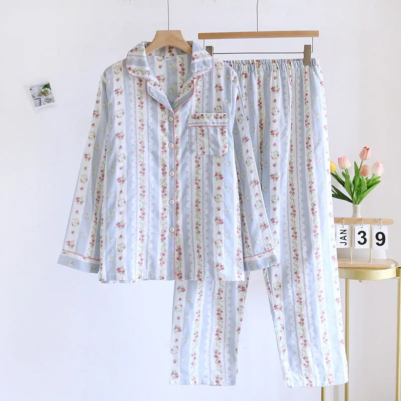 Japanese sweet style women's cotton gauze homewear two-piece set with long sleeves and trousers.
