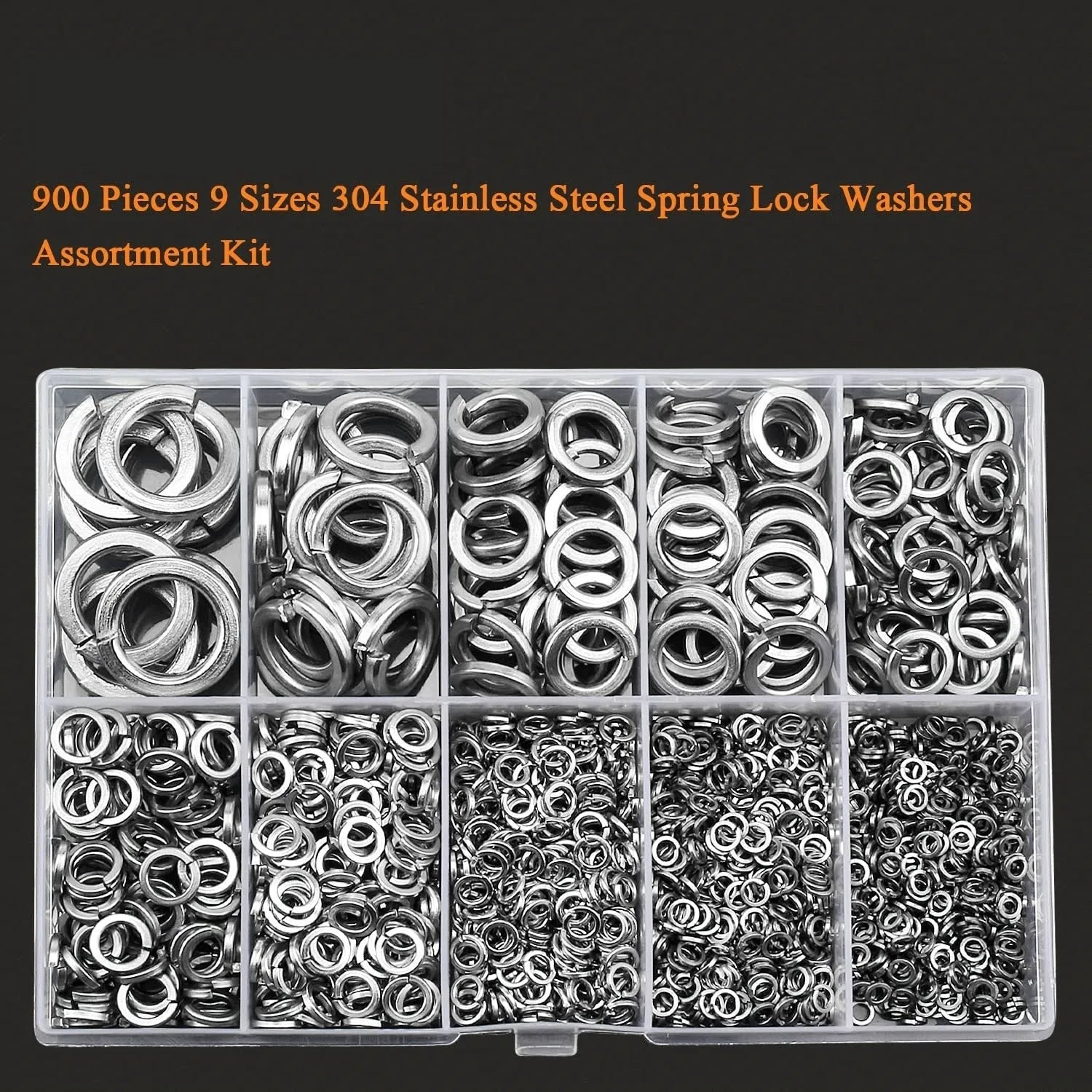 304 stainless steel spring lock washer assortment box with 900 pieces for M2 to M12 bolts