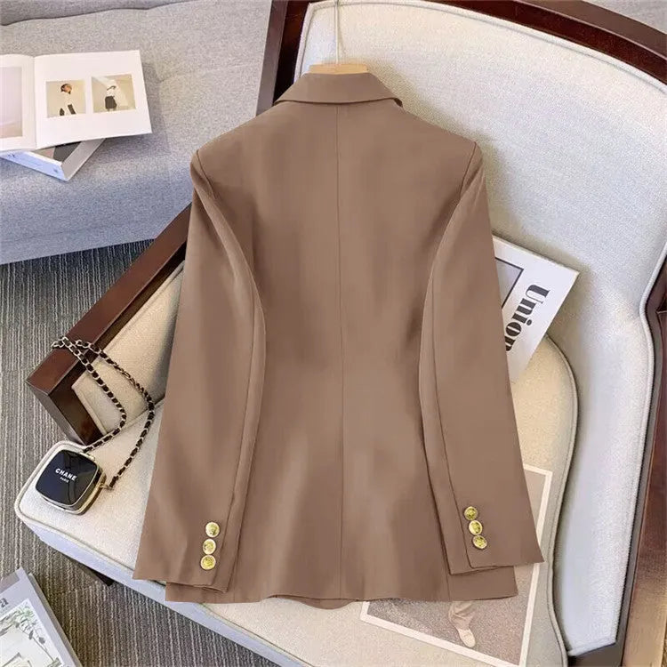 Women's loose-fit polyester blouse on a hanger, shown in a khaki colour with regular sleeves.