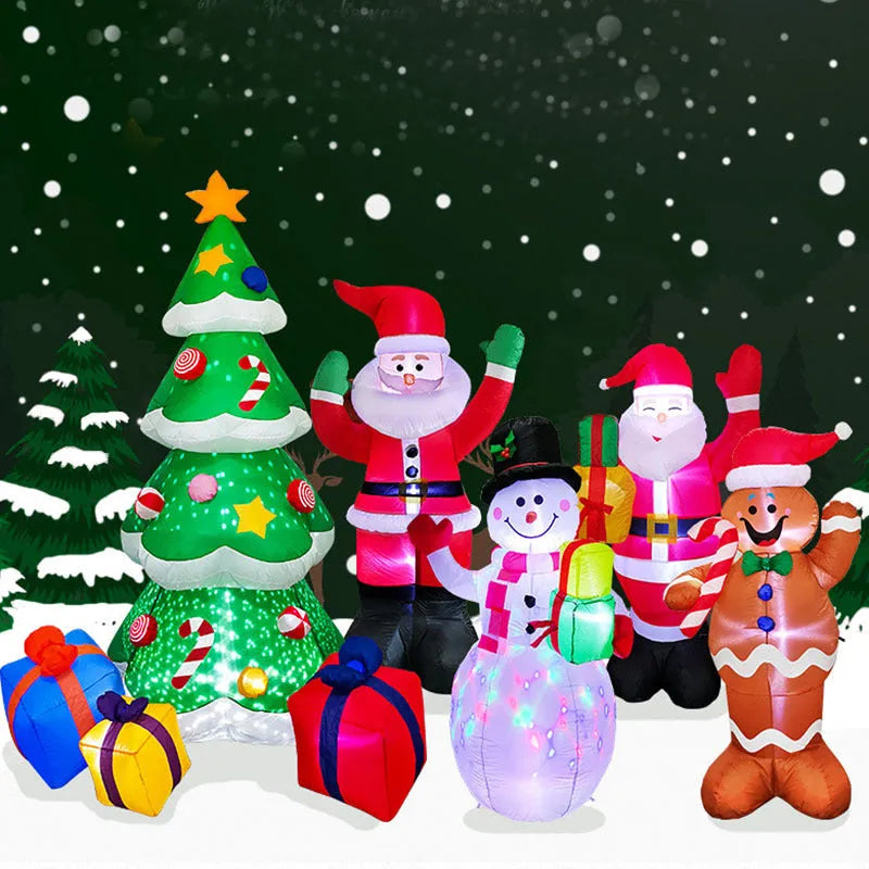 Outdoor Christmas inflatable decoration with LED lights showing Santa, snowman, and tree designs