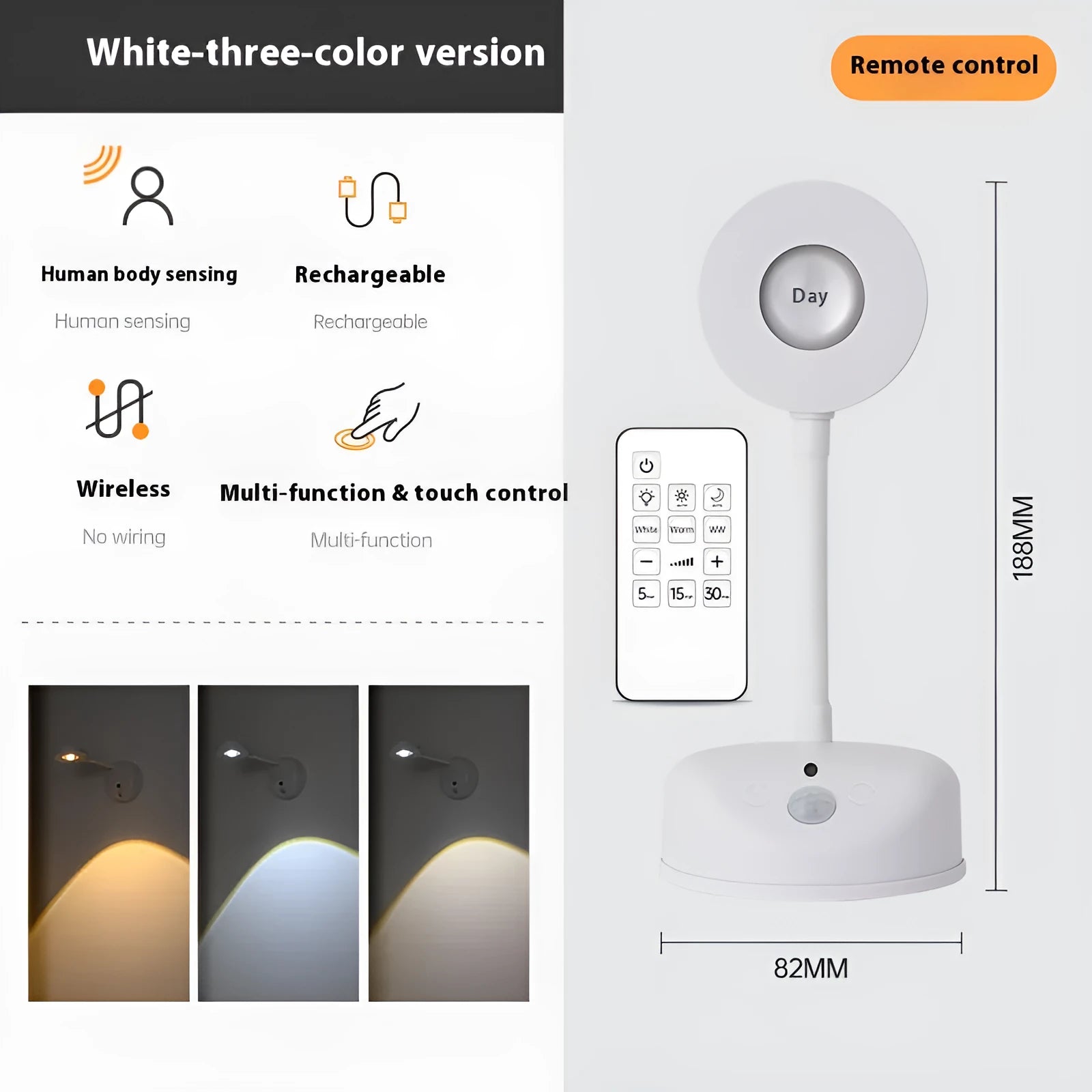 Geometric modern rechargeable wall lamp in black and white colours with remote control