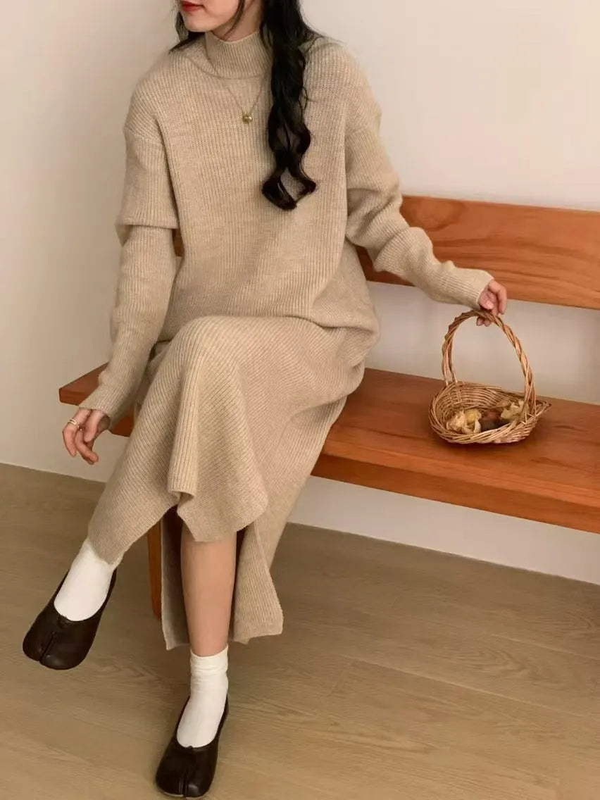 Half turtleneck knitted dress in acrylic fabric for office commuting in various colours.
