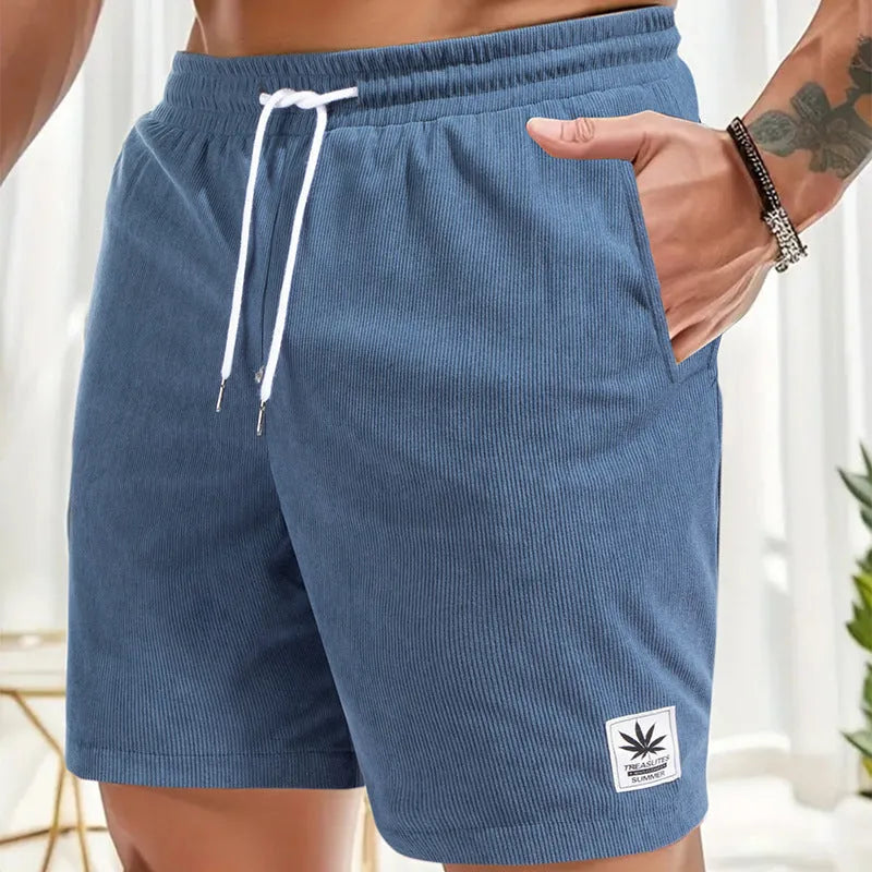 Men's straight cut summer shorts with a drawstring waist in black, blue, gray, or khaki.