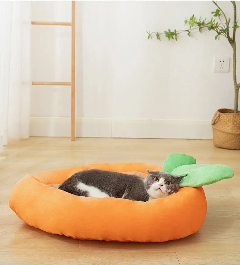 Carrot dog design pet nesting bed with soft blanket in M and L sizes for small and medium pets
