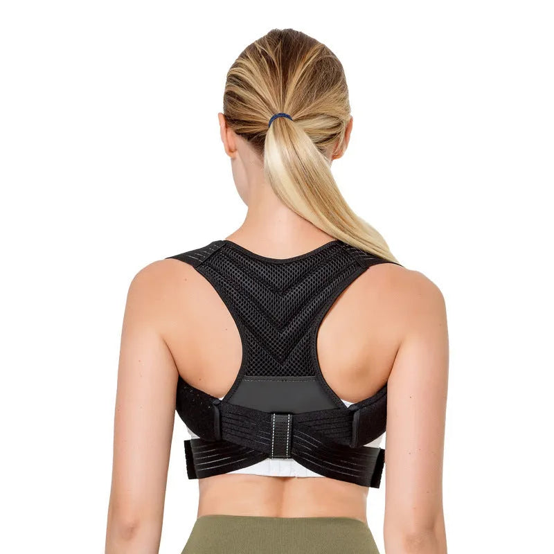 Black anti-humpback posture correction belt worn on torso, showing open shoulder and high chest position.