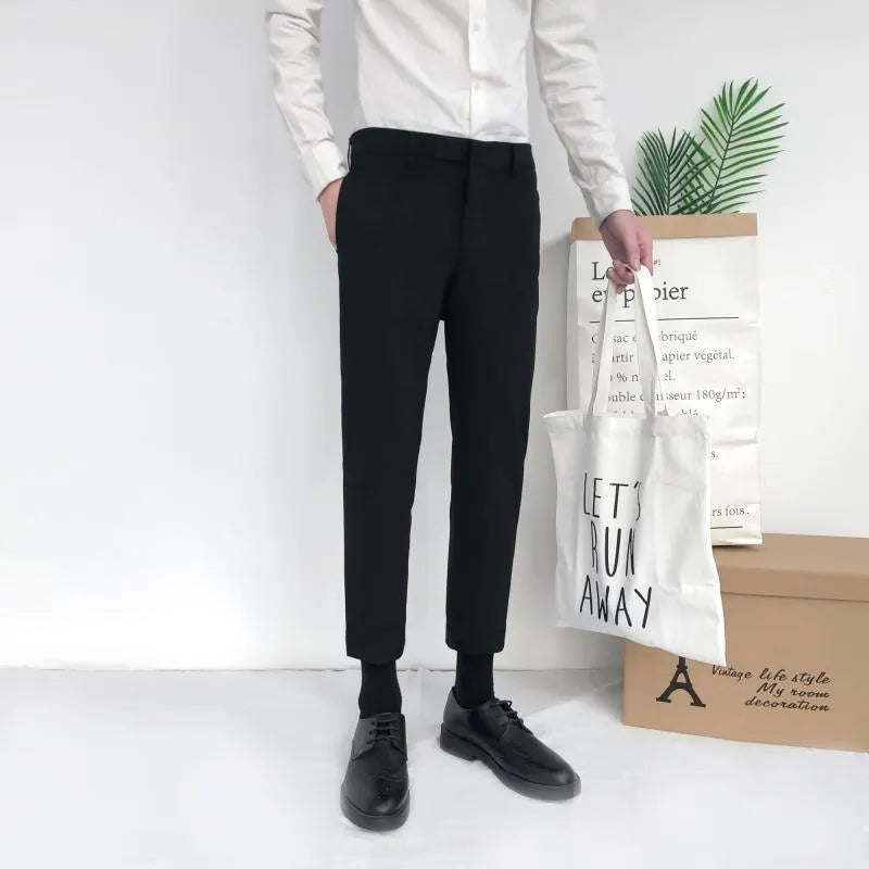 Men's Korean-style cotton straight-leg pants with drawstring waist in black, grey, or khaki