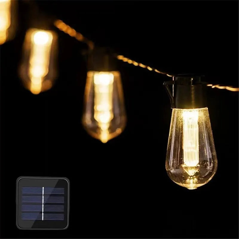 Waterproof outdoor string lights with retro long bulb bottle shape in garden setting