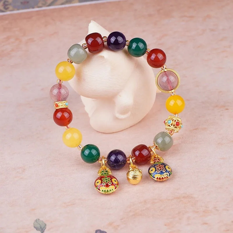 Swallowing gold beast motif agate and Hetian jade crystal bracelet with hand-woven 10mm beads