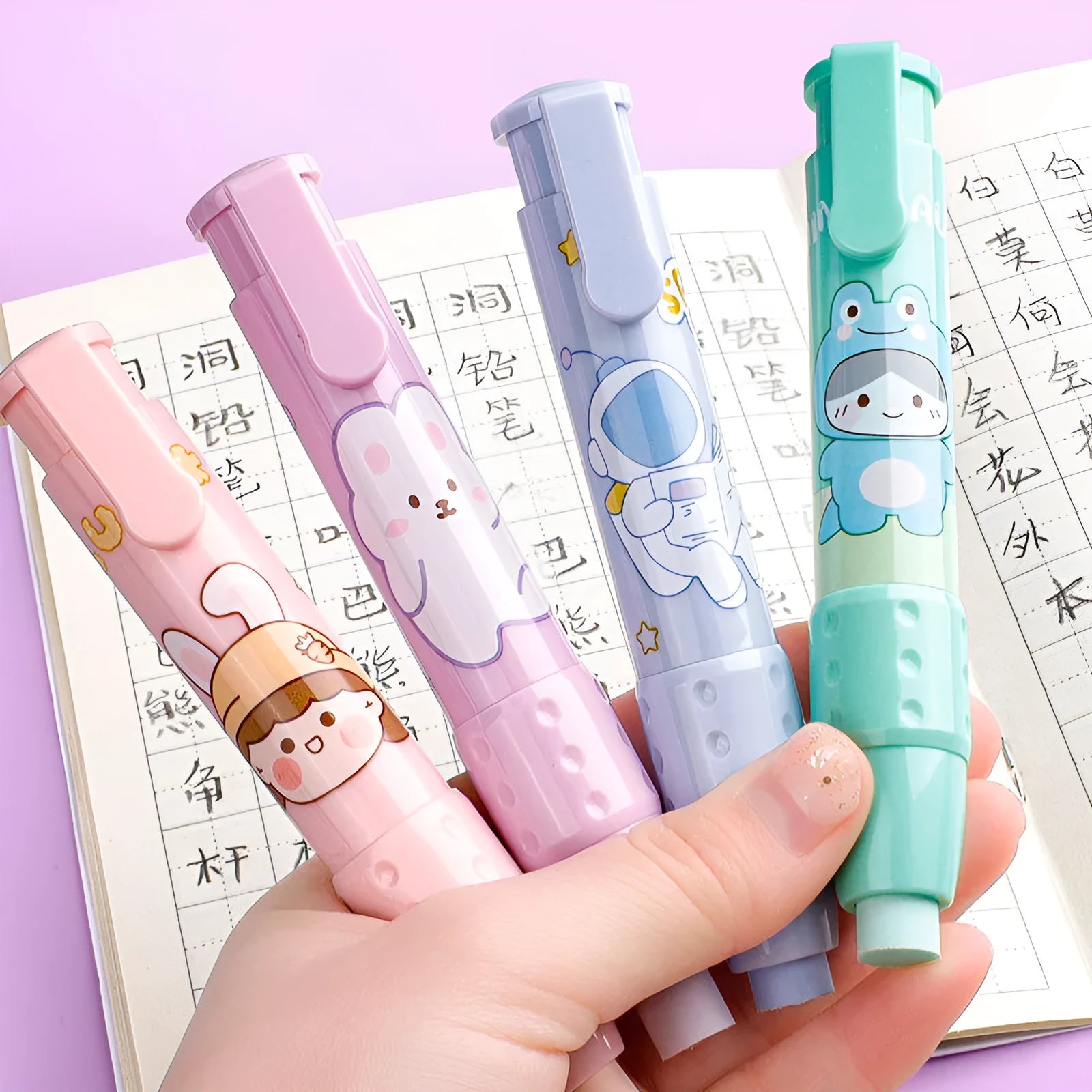 Children's Kaba Bear press eraser set with plastic case and replacement cores in green, blue, pink, purple