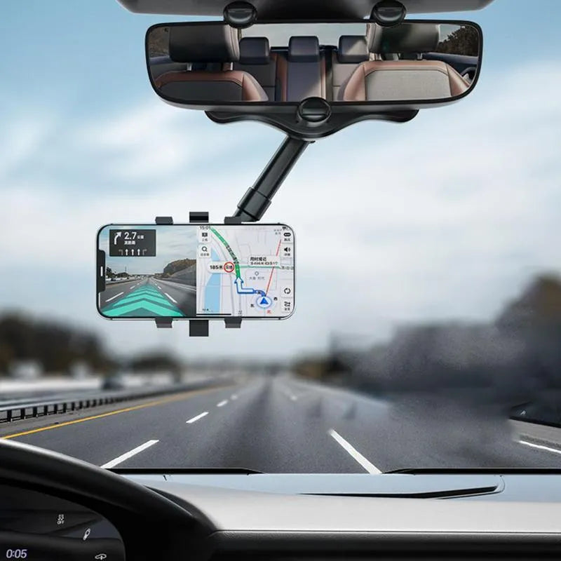 Black rearview mirror car phone holder with telescopic arm and rotating phone clamp.