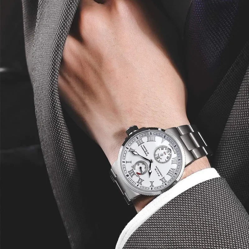 Automatic mechanical watch for men with black silicone band, luminous dial, and stainless steel watch bottom