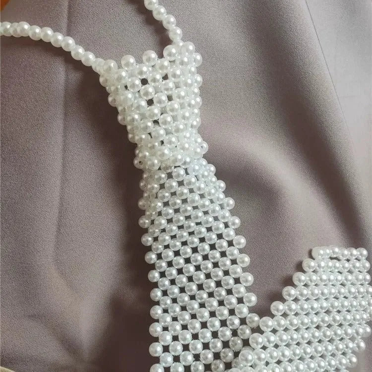Handmade pearl tie body chain with hollow-out retro design and imitation pearl elements