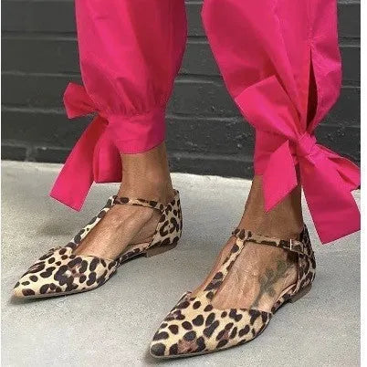 Women's leopard print pumps with pointed toe and chunky low heel, cross shoulder strap detail