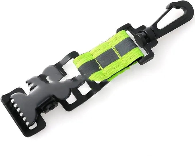 Fluorescent green safety clip with metal buckle and reflective strips for gloves.