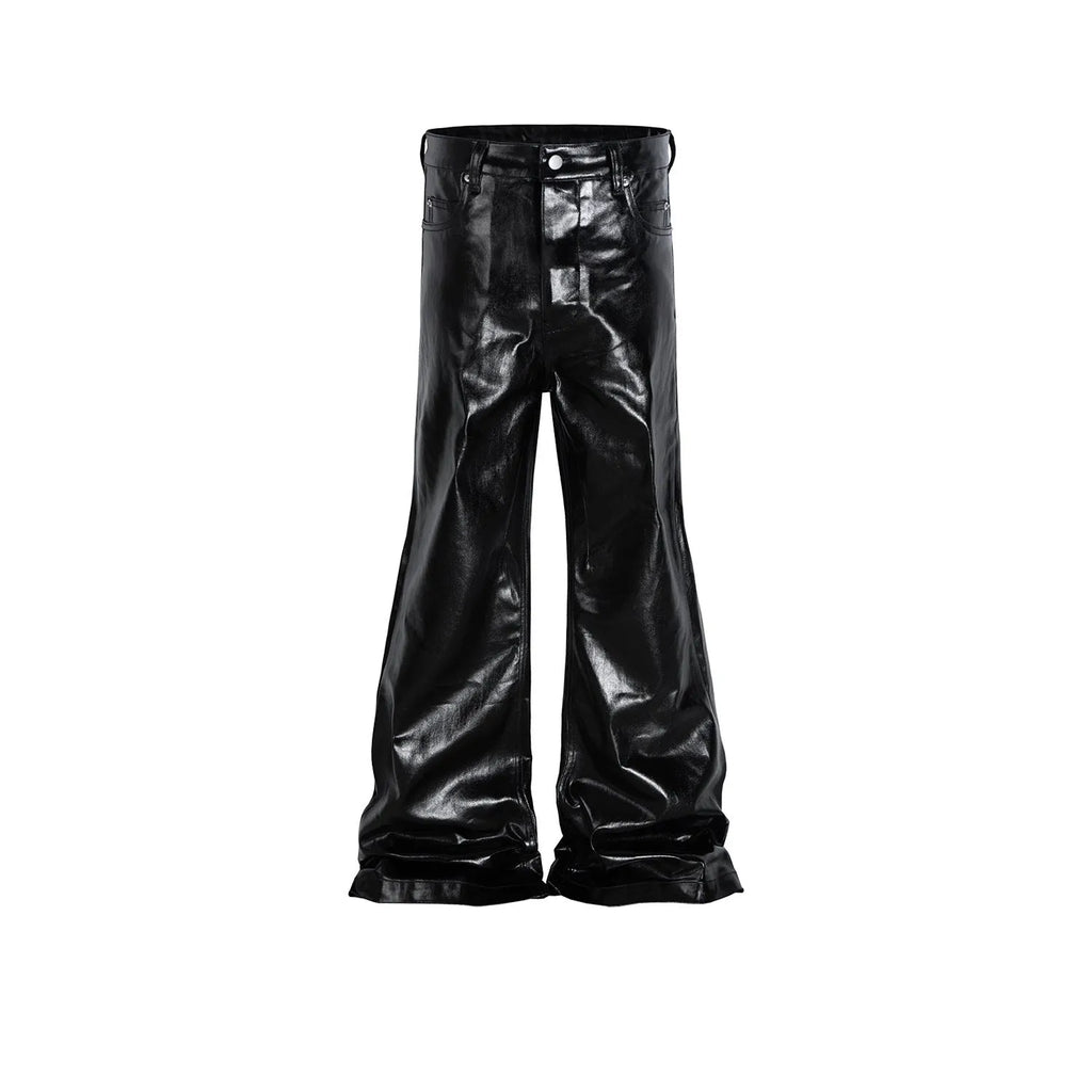 Black coated patent leather skinny jeans with straight leg cut and mid waist design