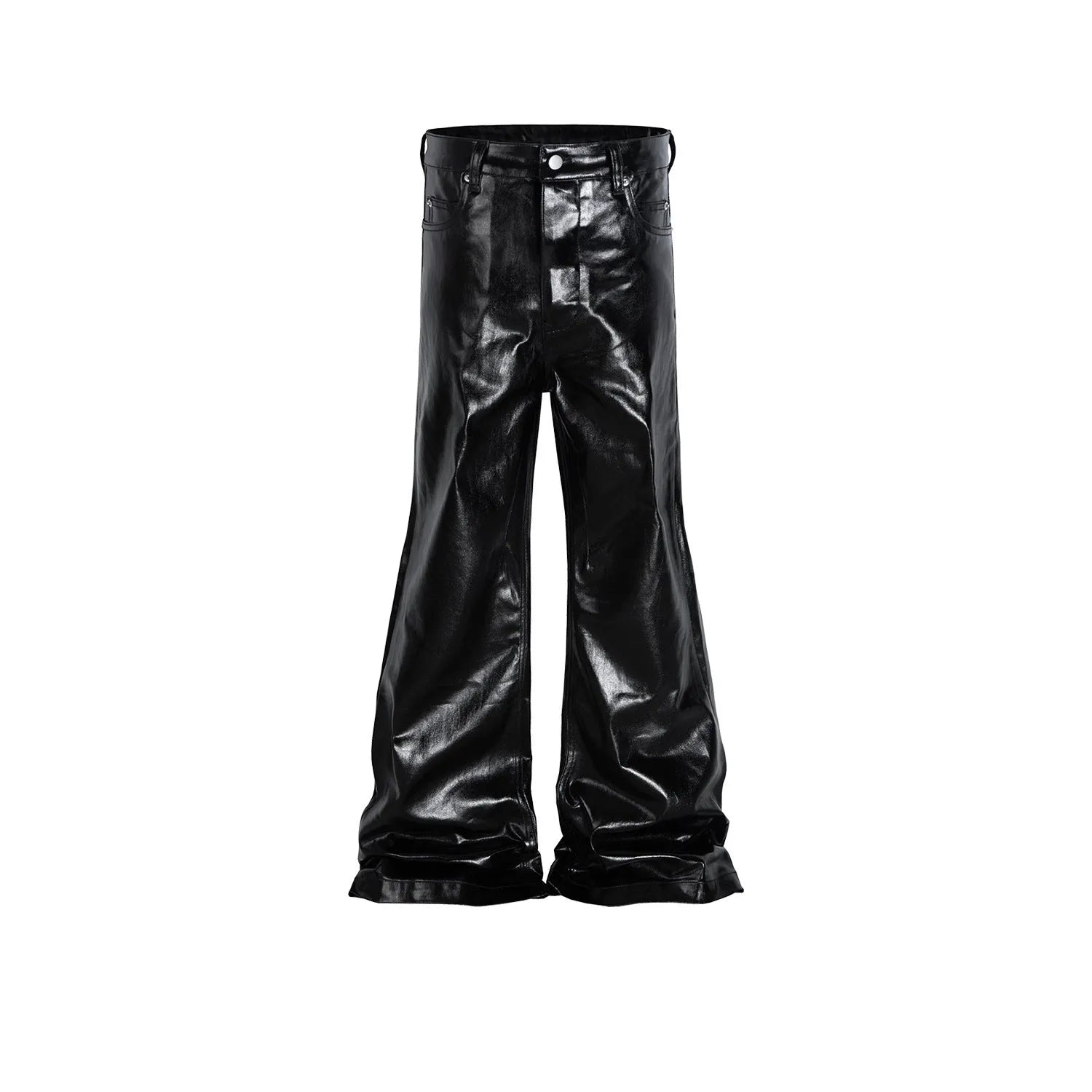Black coated patent leather skinny jeans with straight leg cut and mid waist design
