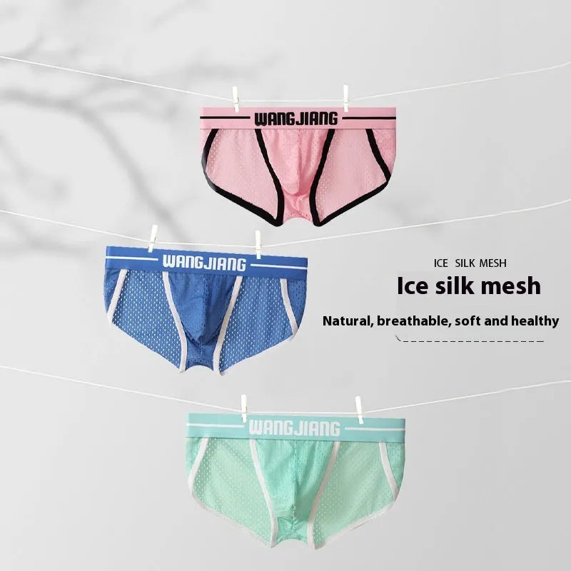 Men's black Ice Silk mesh triangle underwear briefs laid flat, showing solid colour and fabric texture.