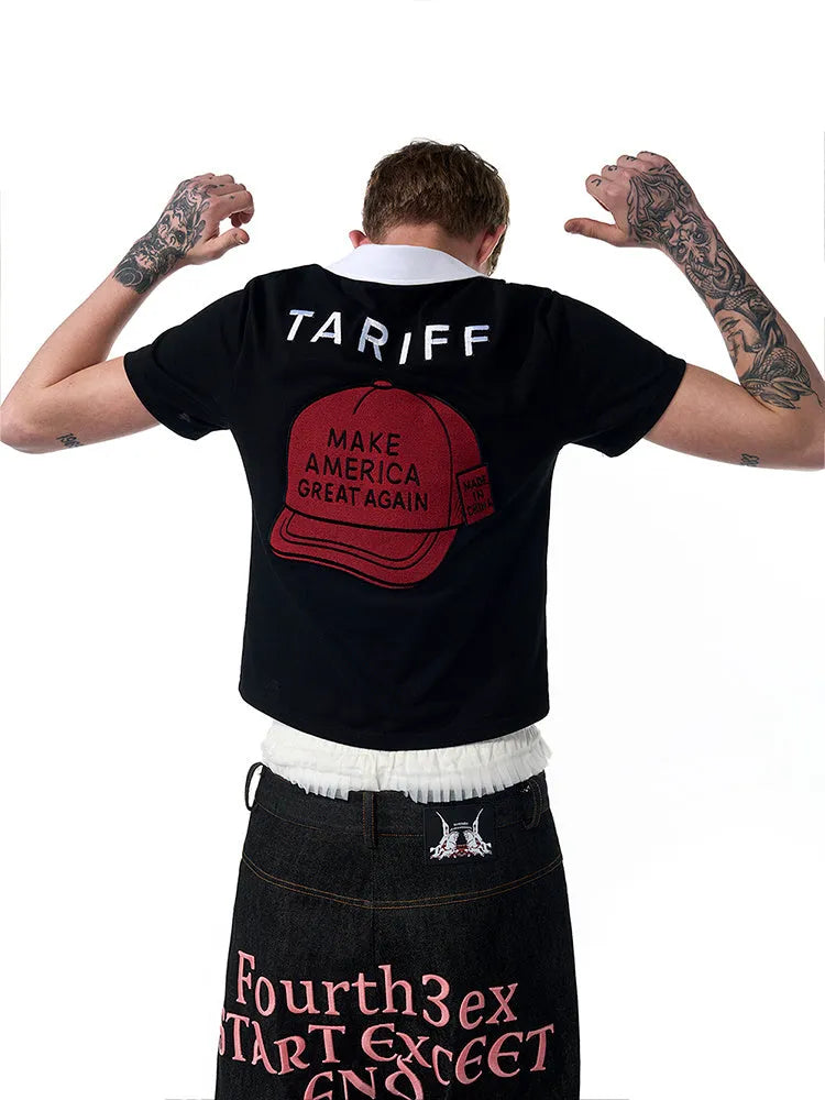 Black slim fit men's short sleeve polo shirt with embroidery detail on a hanger.