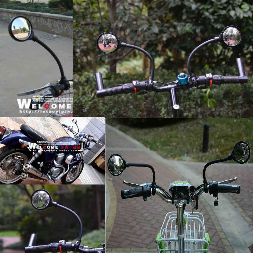 Black bicycle rearview mirror with hose adjustment mechanism mounted on handlebars