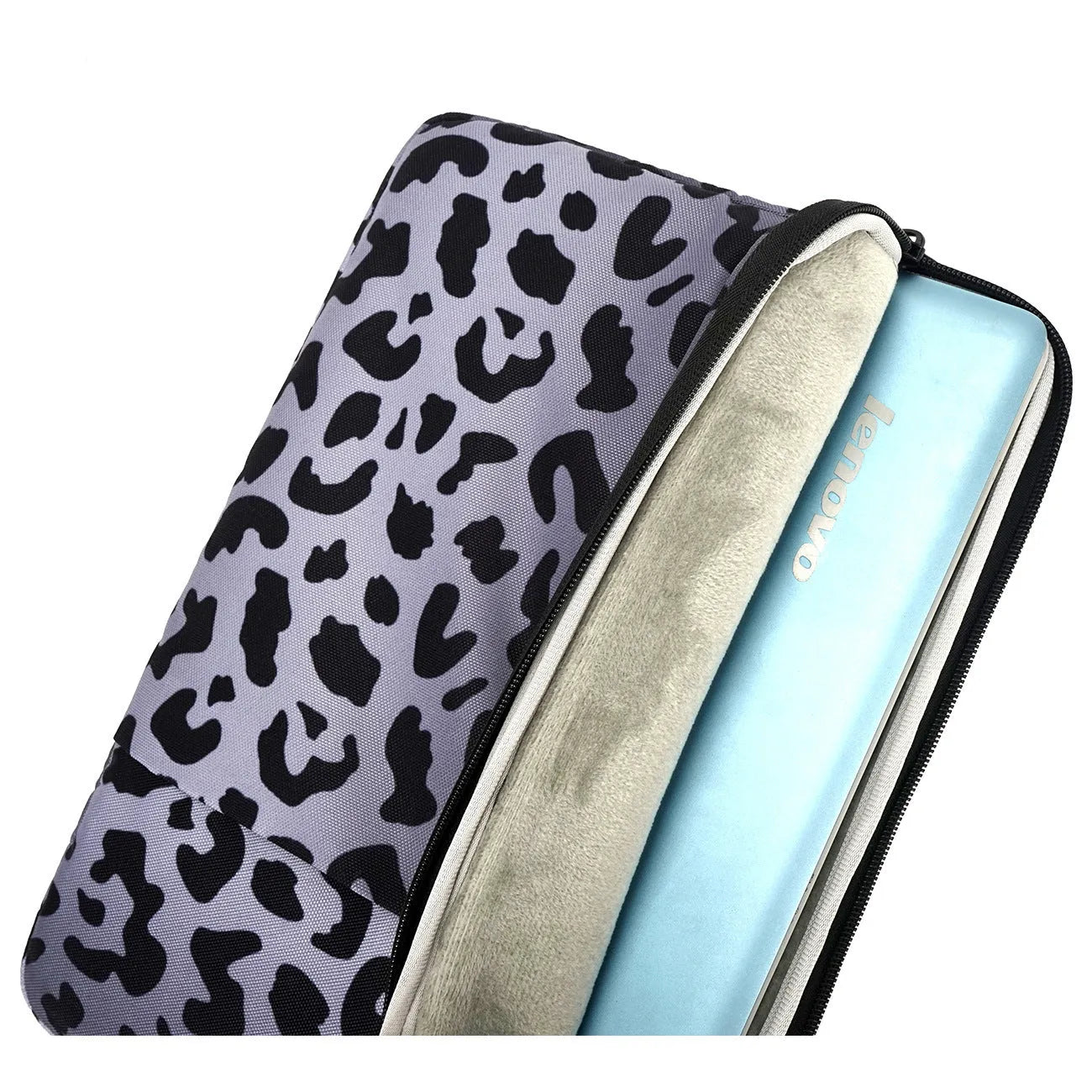 Leopard print polyester laptop sleeve for 13-inch to 16-inch devices with anti-shock protection
