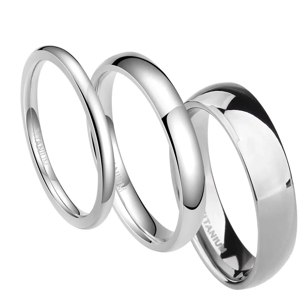 Silver titanium steel unisex ring shown in 2mm, 4mm, and 6mm width options.