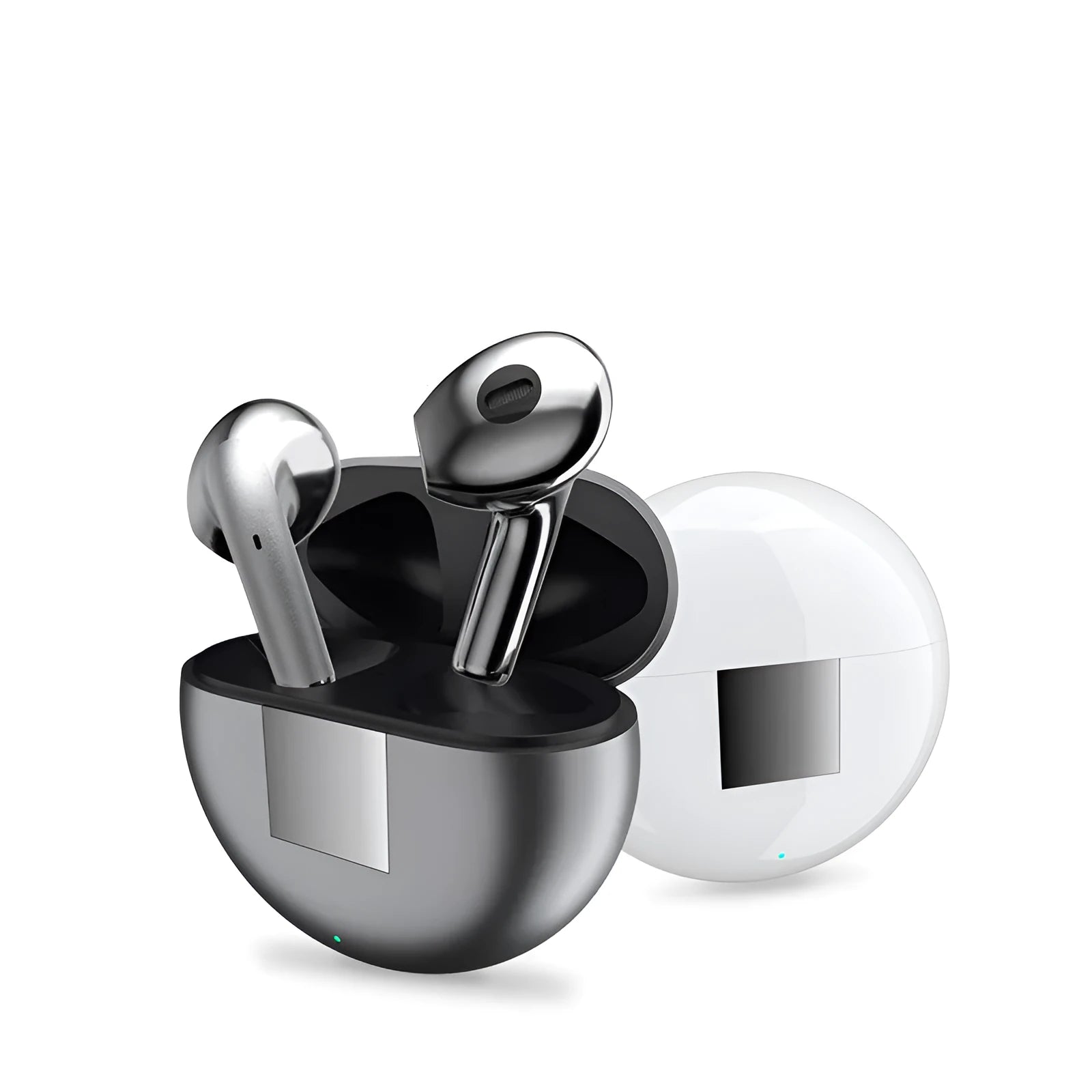 White Wireless Budz5 J6 Bluetooth earbuds with semi-in-ear design and charging case on a plain background.