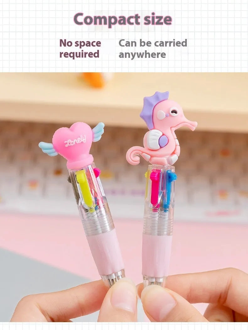 Cartoon character four colour press ballpoint pen with 0.7mm tip on a notepad.