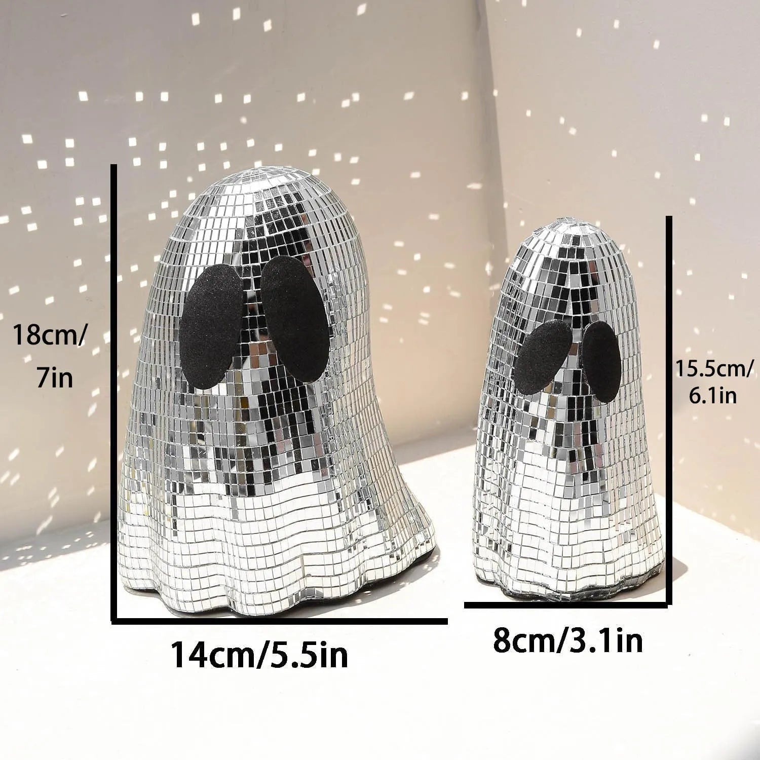 Silver Halloween ghost desktop decoration made from reflective embroidered glass in large and small sizes