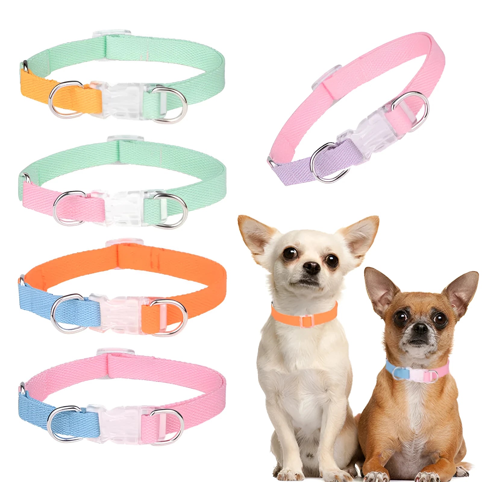 Polyester dog collar, lead, and chest strap set shown in a green and pink two-tone colour combination.