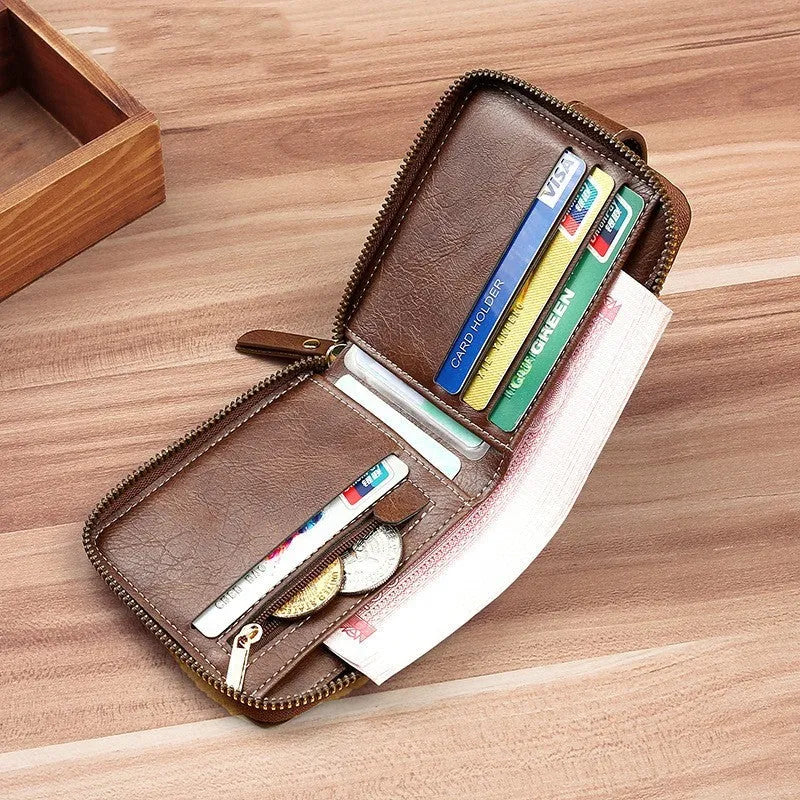 Men's short two-fold PU leather wallet in light brown, black, and dark brown colour options