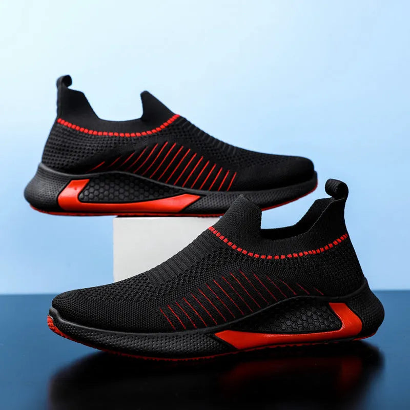 Men's striped mesh sock shoes with lace-up front and flat heel design