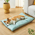 Blue and Coffee coloured pet sleeping mats shown in four different sizes for cats and dogs