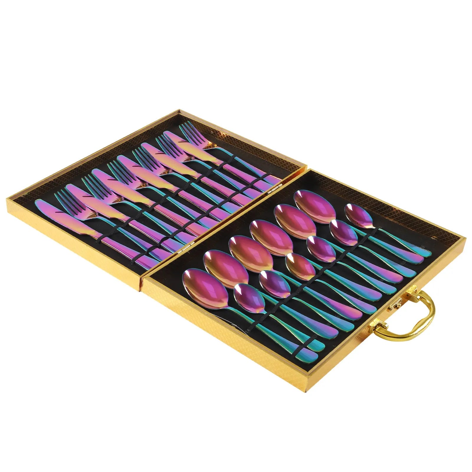 24 piece stainless steel tableware set showing knives, forks, and spoons in multiple colour finishes