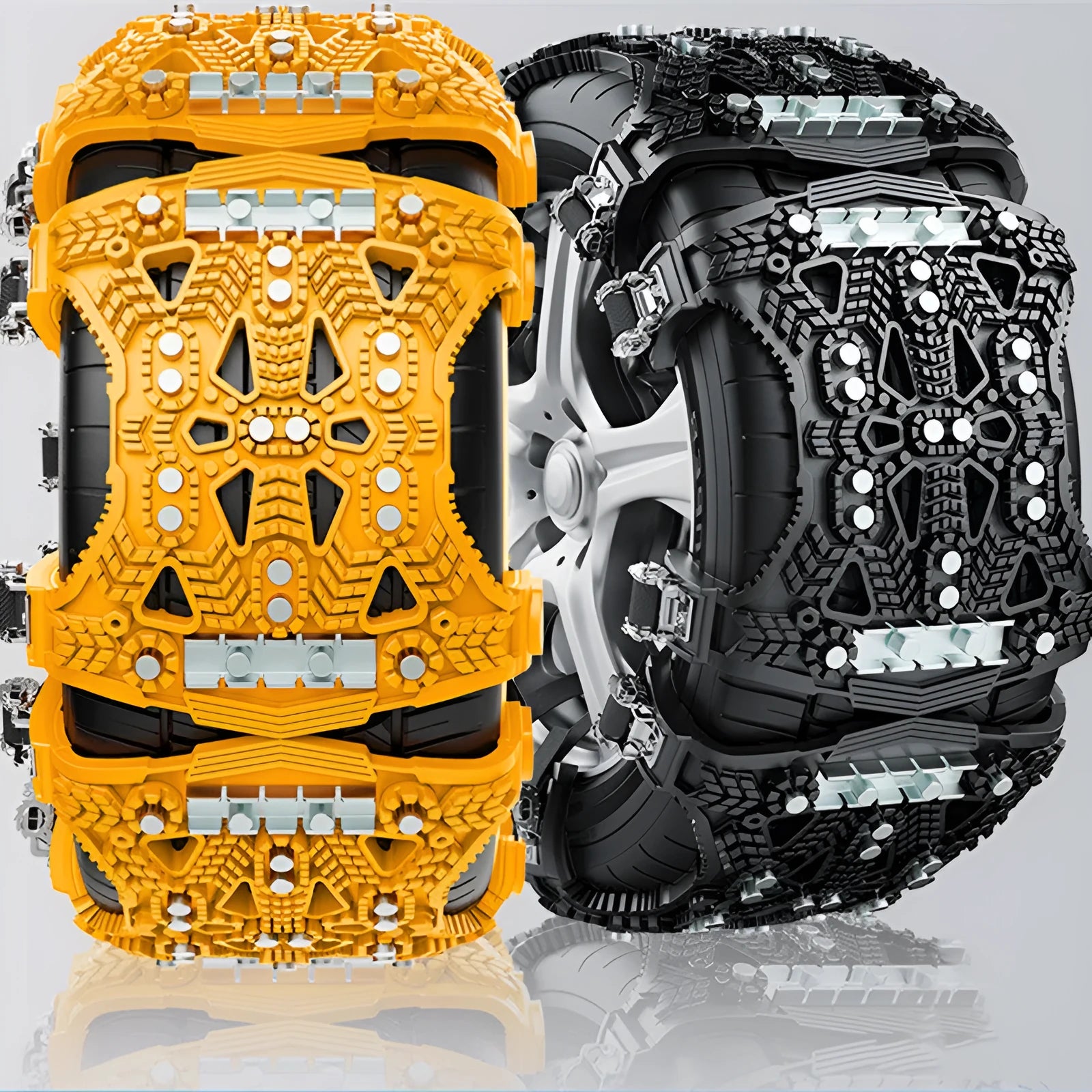 Universal car and SUV snow chains with steel gear links in black or yellow plastic casing with fitting tools
