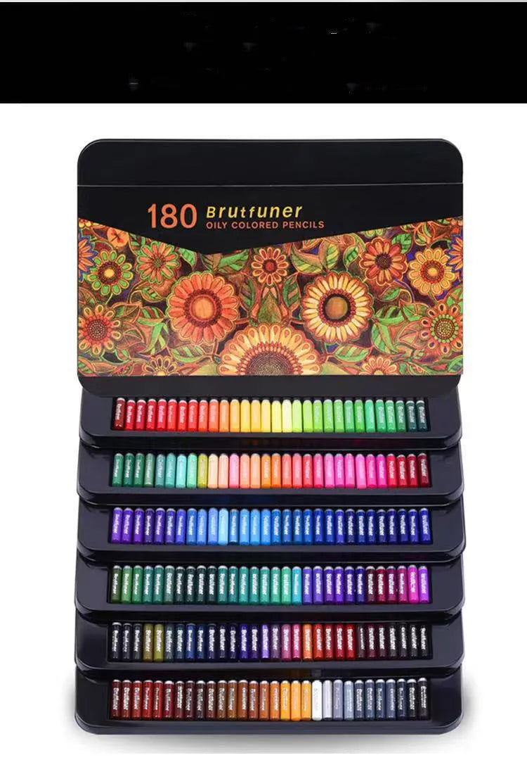 Tin box open to show 180 wooden oily painting pencils in a rainbow of colours arranged in rows.