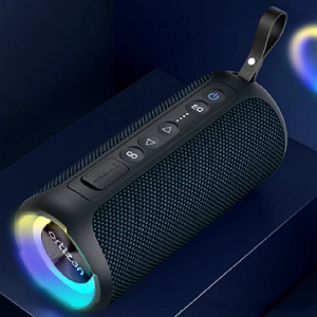 Black and blue fabric Bluetooth speaker with luminous lighting effects