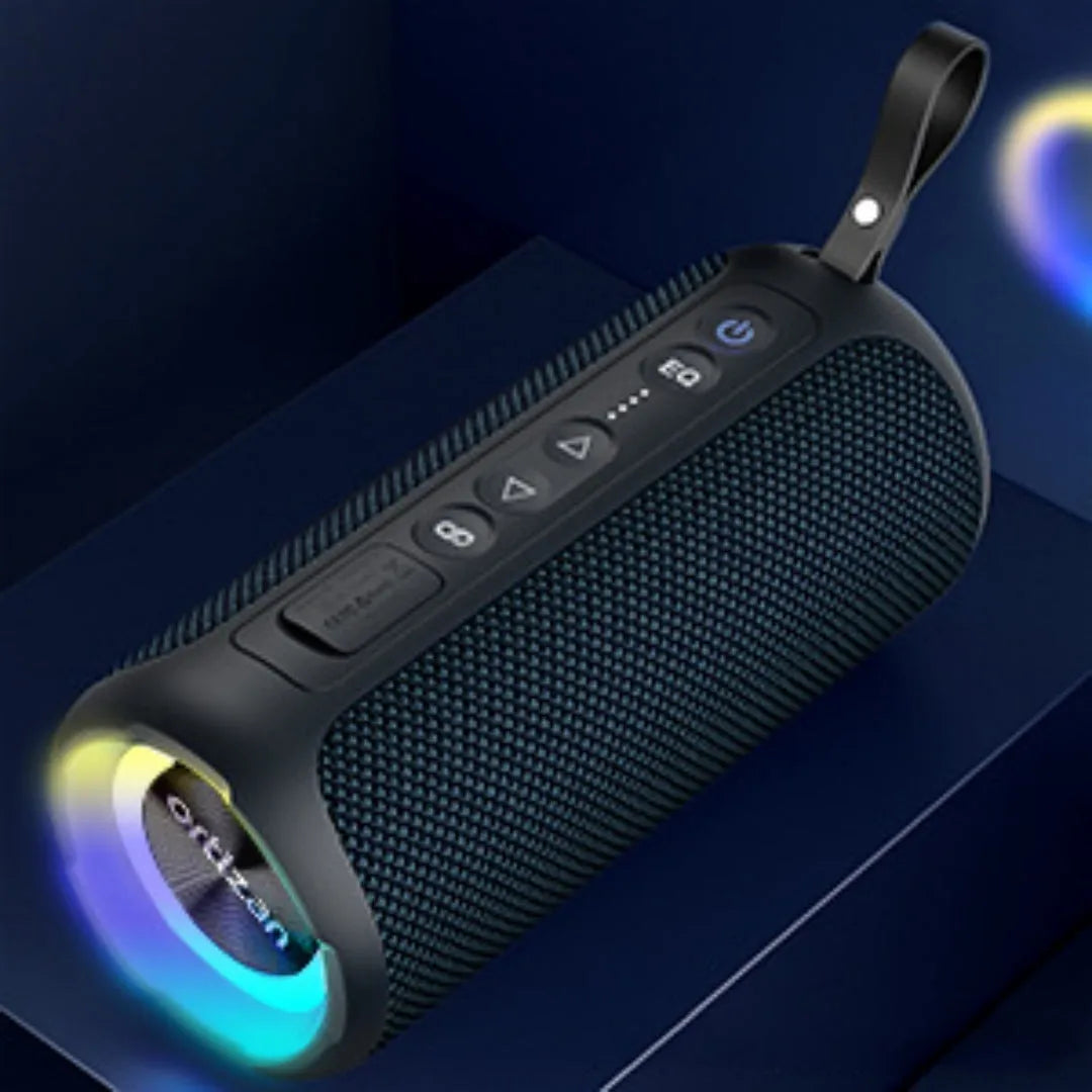 Black and blue fabric Bluetooth speaker with luminous lighting effects