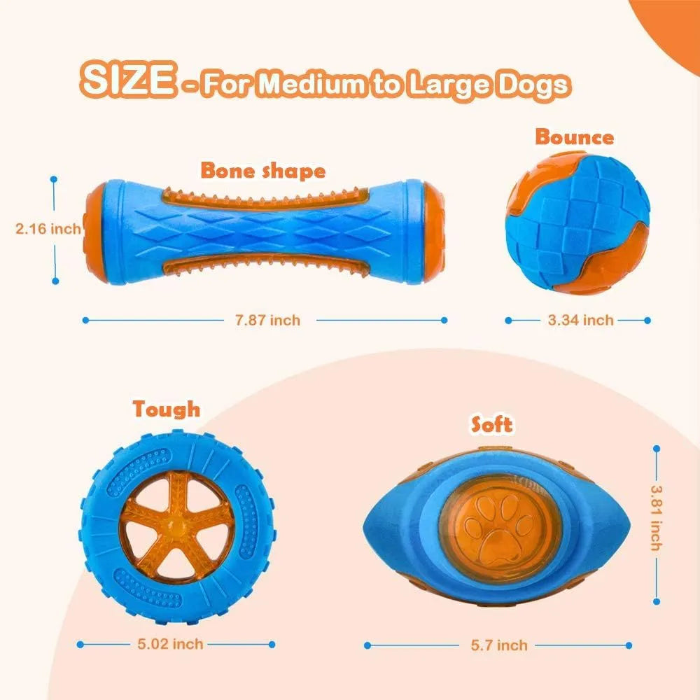 Set of three TPR dog toys: a squeaky ball, barbell, and tyre with bumpy texture for fetch and water play.