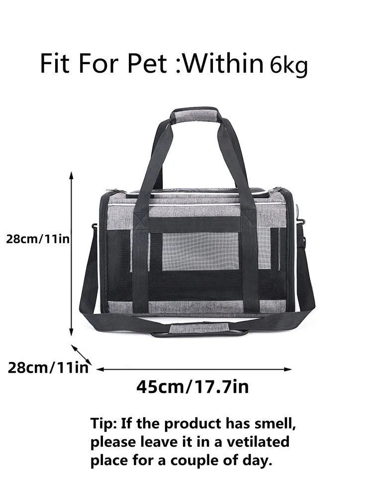 Grey and blue edge Oxford fabric pet carrier bag measuring 44 by 29 by 5 centimetres