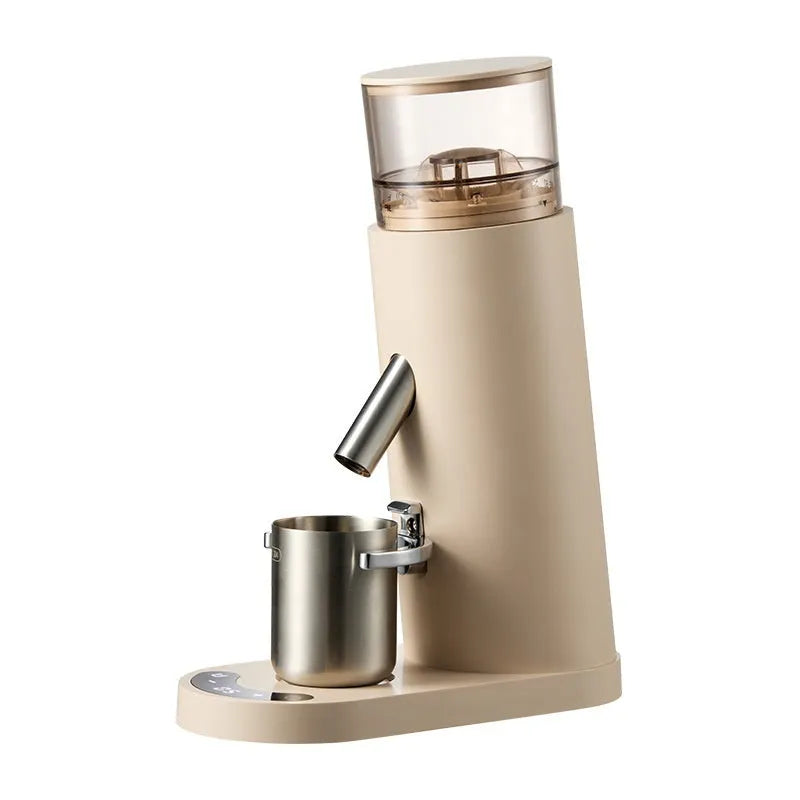 Portable electric coffee grinder with stainless steel body in beige retro style