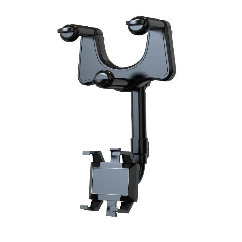 Rotating vehicle navigation bracket mounted on car rearview mirror showing left and right adjustment mechanism
