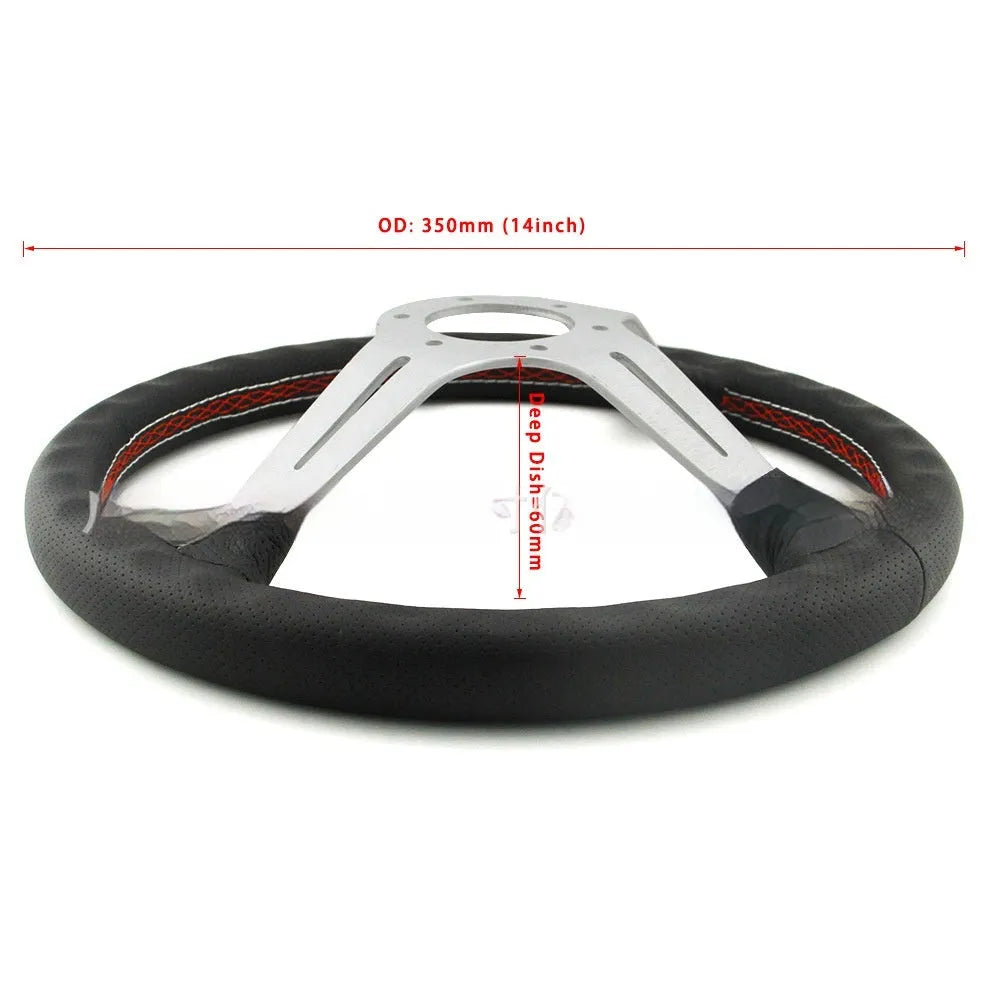 14-inch leather steering wheel with concave middle grip, showing black skeleton option