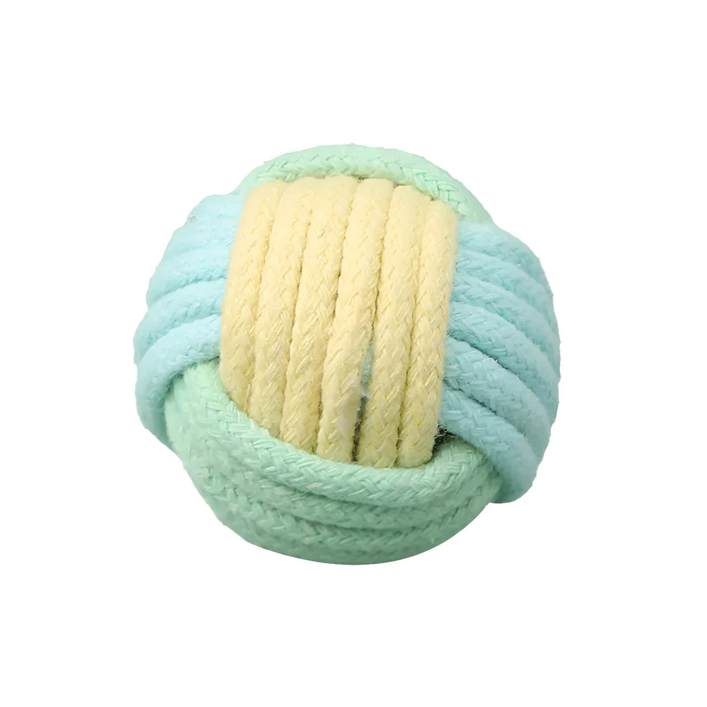 Handmade soft cotton plush ball cat toy in blue powder, green blue, or pink green colours, 5cm diameter