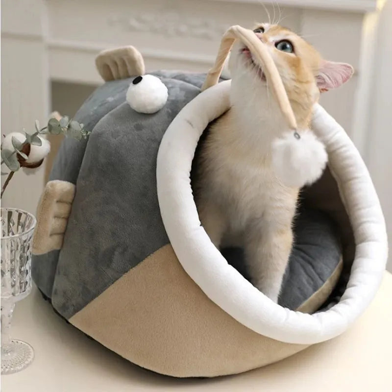 Grey semi-closed deerskin velvet cat house bed for small dogs or cats, shown in S, M, and L sizes.
