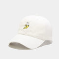 Adjustable baseball cap with cute banana embroidery in seven colour options on soft polyester fabric