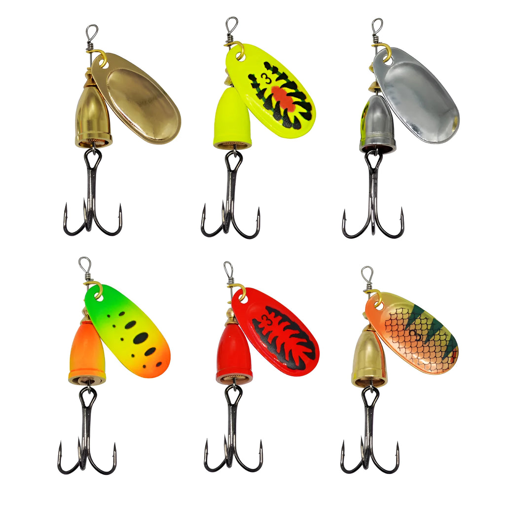 R-type metal fishing lure with rotating sequins and copper bell in seven colour options including yellow green, gold mesh, red, and rose gold