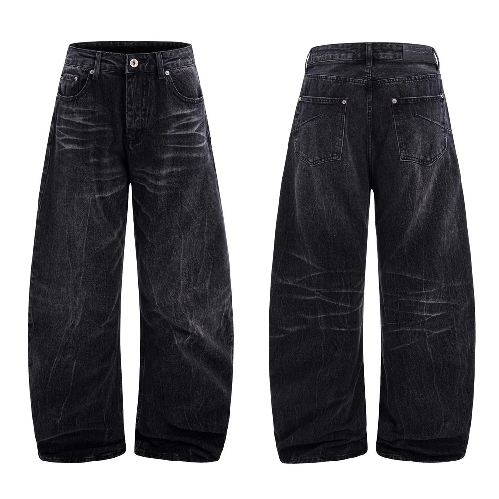Men's black straight-leg jeans with a lightning crack wash pattern on cotton denim.