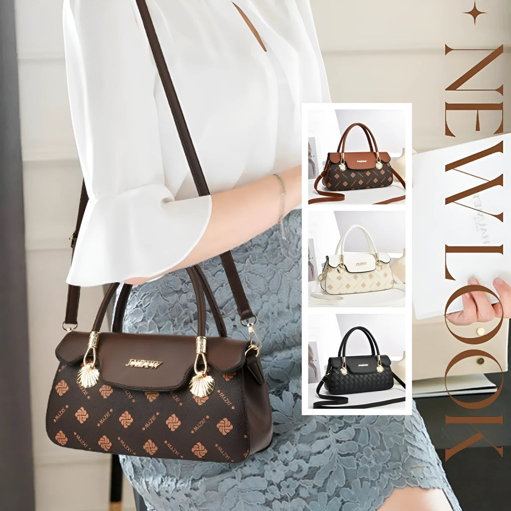 Women's cross-body handbag vintage letter-print PU leather medium 28x9x15cm brown colour front view