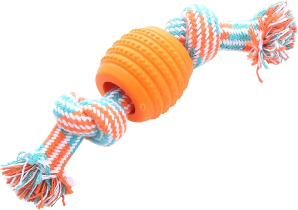 Blue dog molar chew toy with white cotton rope ends for dental cleaning and interactive play